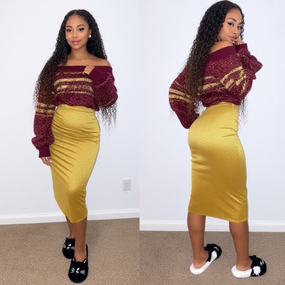 New York & Company Sweaters - New York & Company Holiday Burgundy/Gold tinsel Off-Shoulder Sweater